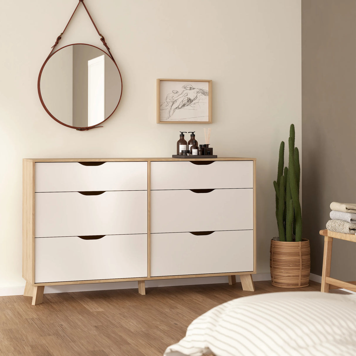 Ikast Double Dresser 6 Drawers in Jackson Hickory and White