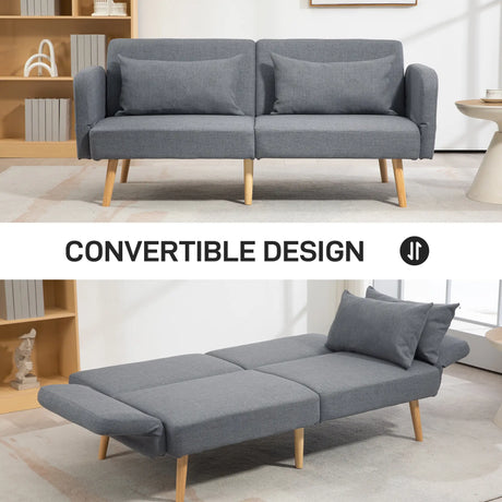 HOMCOM Two-Seater Click-Clack Sofa Bed, with Pillows - Grey