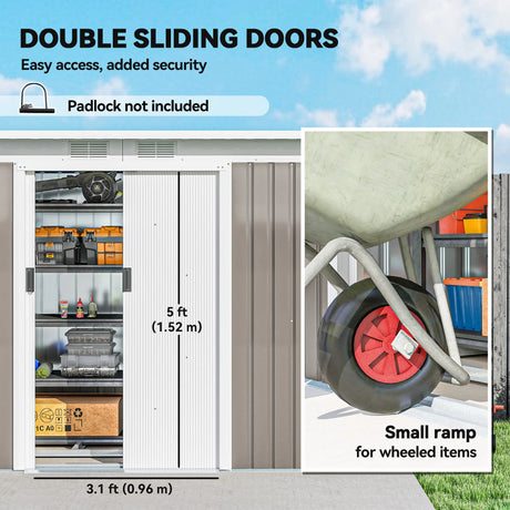 Outsunny Corrugated Garden Shed 9 x 4 Ventilated Lockable Tool Shed for Outdoor Equipment, Light Grey