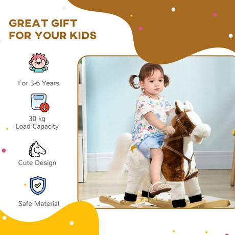 HOMCOM Rocking Horse, Ride-On Horse, with Music, Sounds, Saddle, for Ages 3-6 Years - Brown