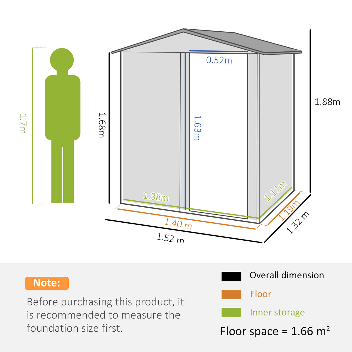 Outsunny Garden Metal Tool Storage Shed with Sliding Door, Sloped Roof and Floor Foundation, 152 x 132 x 188cm, Green