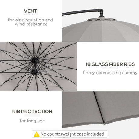 Outsunny 3(m) Cantilever Umbrella 18 Ribs & Vents Adjustable Angle for Patio Light Grey