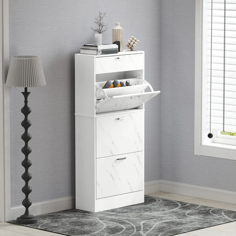 HOMCOM Marble Shoe Storage Cabinet with 3 Flip Drawers, Hallway Cabinet with Top Drawer and Adjustable Shelves, Shoe Cupboard for 18 Pairs, White