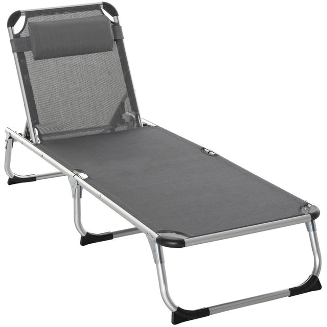 Outsunny Foldable Outdoor Sun Lounger, Reclining Lounge Chair Camping Bed Cot with Pillow 4-Level Adjustable Back Aluminium Frame, Dark Grey