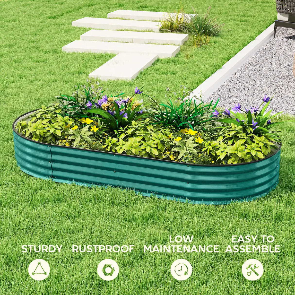 Outsunny Galvanised Raised Garden Bed, Metal Planter Box with Safety Edging, for Flowers, Herbs, Succulents, Light Green