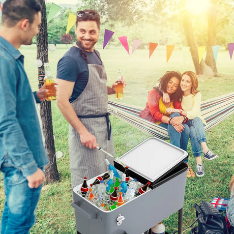 76L cooling trolley with storage space &amp; bottle opener serving trolley cool box with wheels cooling container silver
