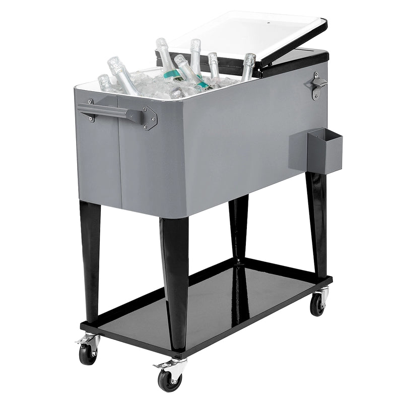 76L cooling trolley with storage space &amp; bottle opener serving trolley cool box with wheels cooling container silver