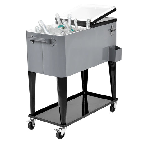 76L cooling trolley with storage space &amp; bottle opener serving trolley cool box with wheels cooling container silver
