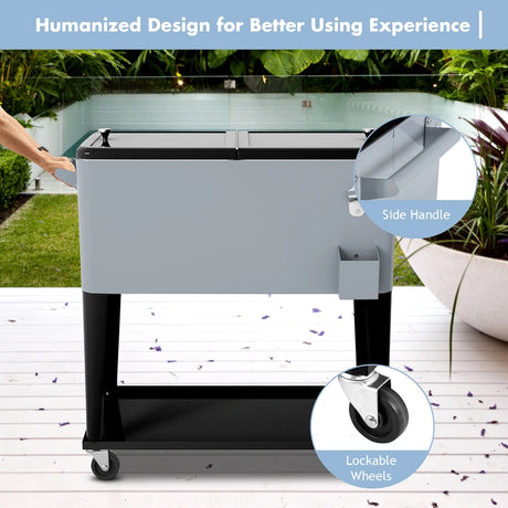 76L cooling trolley with storage space &amp; bottle opener serving trolley cool box with wheels cooling container silver