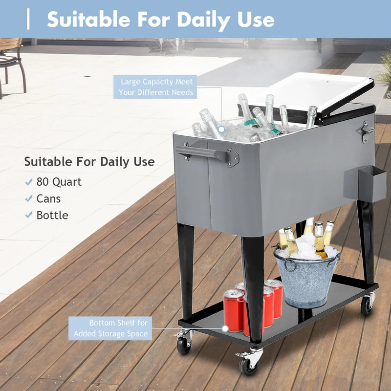 76L cooling trolley with storage space &amp; bottle opener serving trolley cool box with wheels cooling container silver