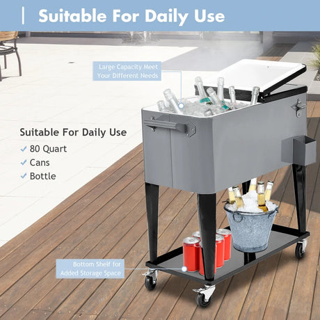 76L cooling trolley with storage space &amp; bottle opener serving trolley cool box with wheels cooling container silver