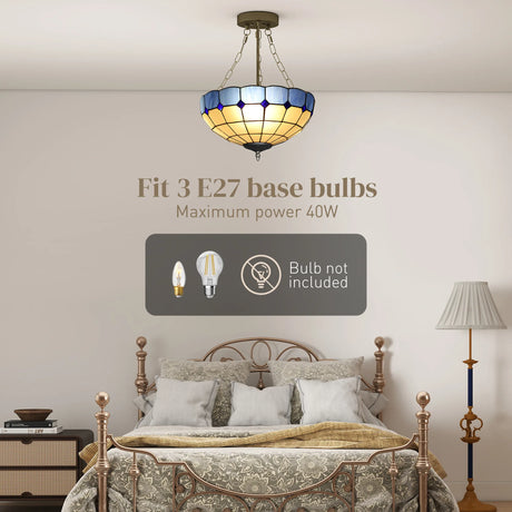 HOMCOM Tiffany Style Ceiling Light, Vintage Chandelier with 3 E27 Sockets, Semi Flush Mount for Living Room, Bulbs Not Included