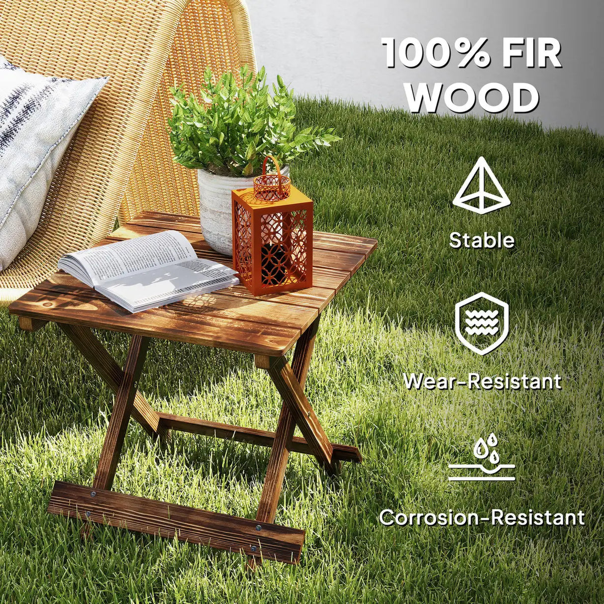Outsunny Fir Wood Folding Coffee Table, Lightweight Small Garden Table with Slatted Top, Portable Folding Side Table for Balcony