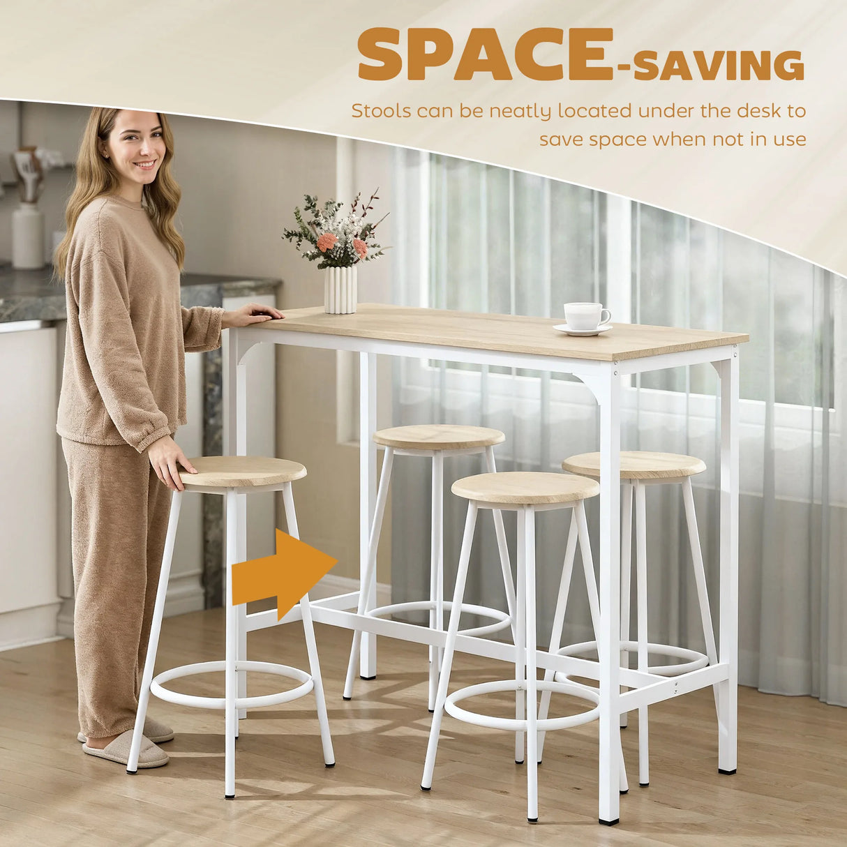 HOMCOM 5 Piece Bar Table Set for 4 with Stools, Metal Frame, Footrest for Kitchen Natural Wood