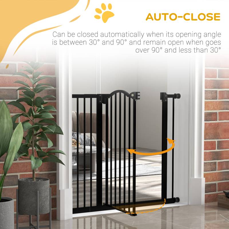 PawHut Metal 74-94cm Adjustable Pet Gate Safety Barrier w/ Auto-Close Door Black