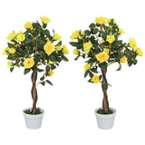 Outsunny Set of 2 Artificial Plants White Rose Floral in Pot, Fake Plants for Home Indoor Outdoor Decor, 90cm, Yellow