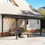 Outsunny 3 x 4.3m Metal Pergola with UPF 50+ and Waterproof Polycarbonate Roof, Wall-Mounted or Free Standing Garden Gazebo, Wind-resistant Outdoor Sun Shade, Dark Grey