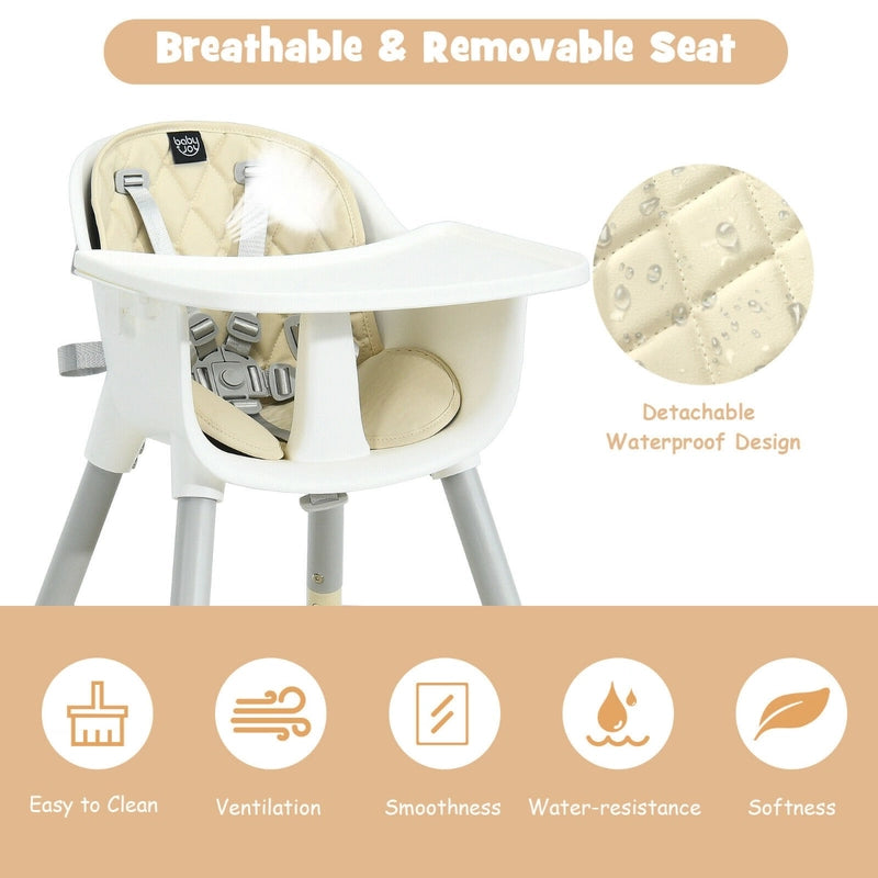 convertible Baby High Chair with 2-Position Removable Tray-Beige