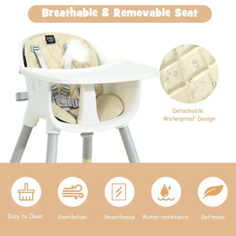 convertible Baby High Chair with 2-Position Removable Tray-Beige