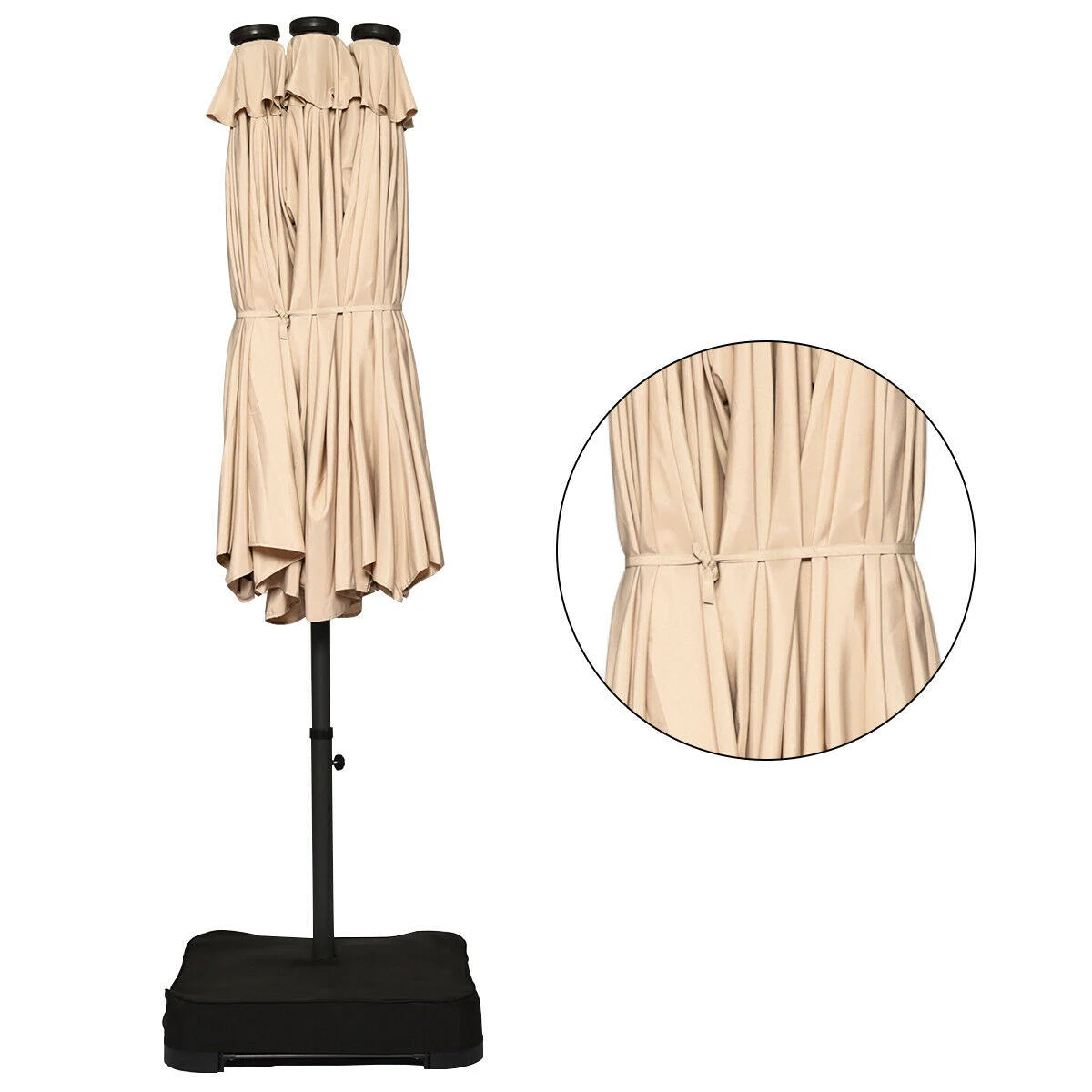 15 Ft Solar LED Patio Double-sided Umbrella Market Umbrella with Weight Base-Beige