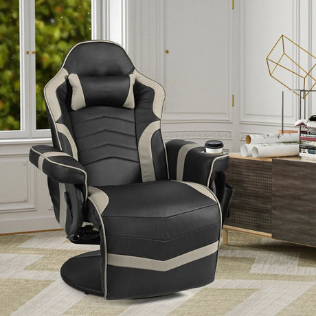 Electric Massage Gaming Chair with Cup Holder and Side Pouch-Grey