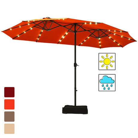 15 Ft Solar LED Patio Double-sided Umbrella Market Umbrella with Weight Base-Orange