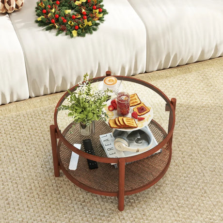 78cm Round Coffee Table with Tempered Glass Top-Natural