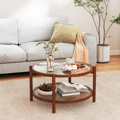 78cm Round Coffee Table with Tempered Glass Top-Natural