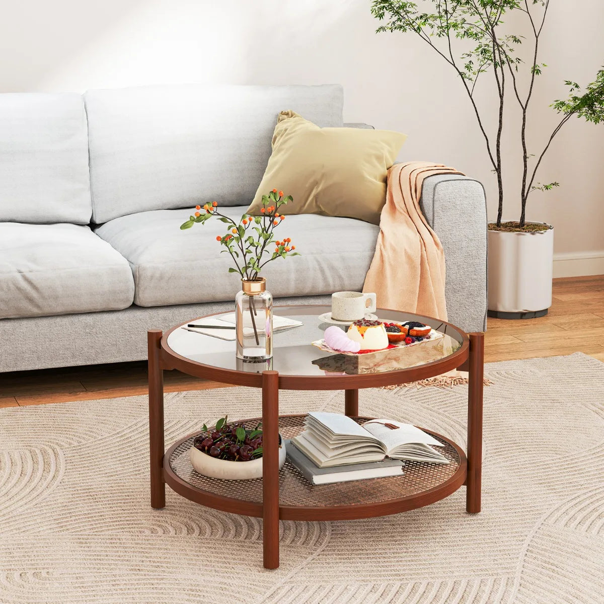 78cm Round Coffee Table with Tempered Glass Top-Natural