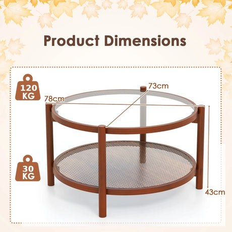 78cm Round Coffee Table with Tempered Glass Top-Natural