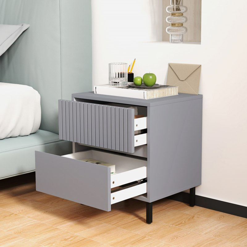 HOMCOM Simple Line Indented Two-Drawer Bedside Table - Grey