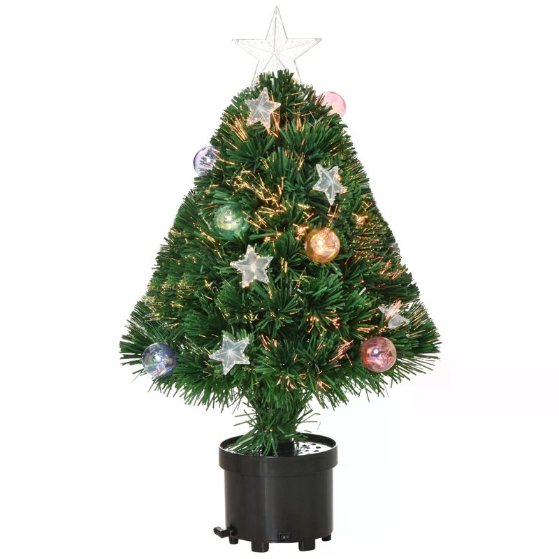 HOMCOM 2FT Pre-lit Artificial Christmas Tree Tabletop Multicoloured Fibre Optic Xmas Decoration w/ LED Lights Pot Table Desk - Green