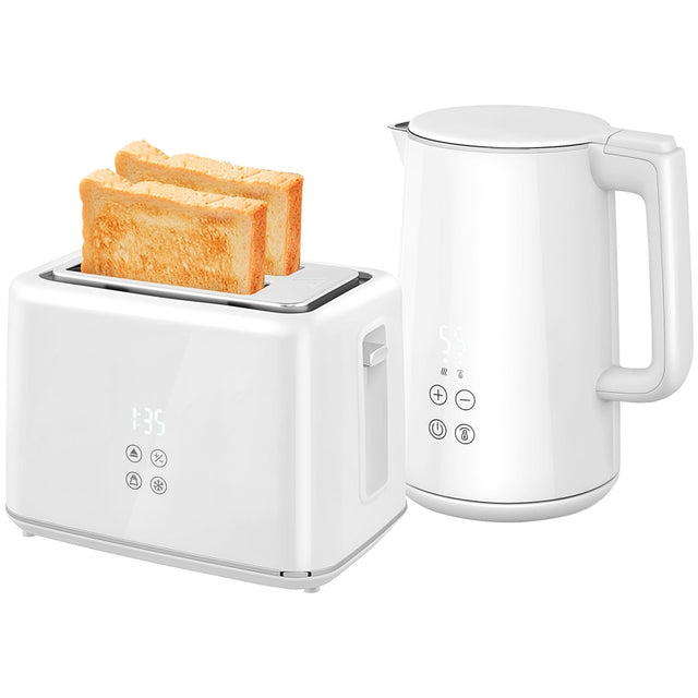 HOMCOM Kettle and Toaster Set, 1.5L 3000W Fast Boil Kettle with Insulation & 2 Slice Toaster Kitchen Set with 7 Level Browning Controls, Defrost, Reheat and Crumb Tray, Cream White