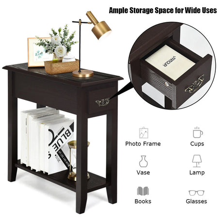 2 Tier End Bedside Sofa Side Table Narrow Nightstand-Espresso