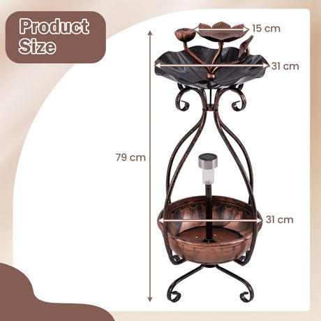 Solar Outdoor Bird Bath Feeder Combo with Flower Planter Pedestal and Solar Lights-Copper