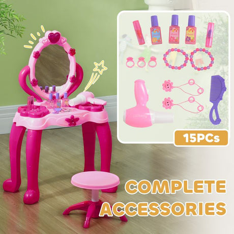 AIYAPLAY Kids Dressing Table with mirror, Stool, Light, Music, 15 Accessories, for Ages 3-6 Years, Pink