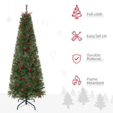 HOMCOM 7ft Pencil Artificial Christmas Tree with Realistic Branches, Red Berries, Auto Open, Green