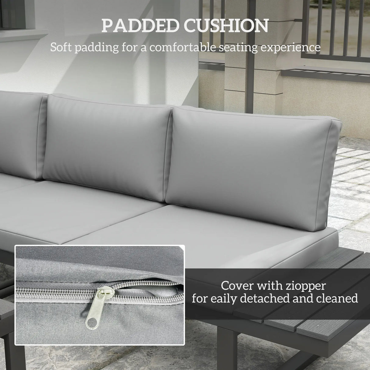 Outsunny 4 Pieces Garden Furniture Set, 5-Level Reclining Garden Corner Sofa Set, Outdoor Lounge Conversation Sectional with Cushions, Wood Effect Plastic Table, Black Frame & Light Grey Cushion