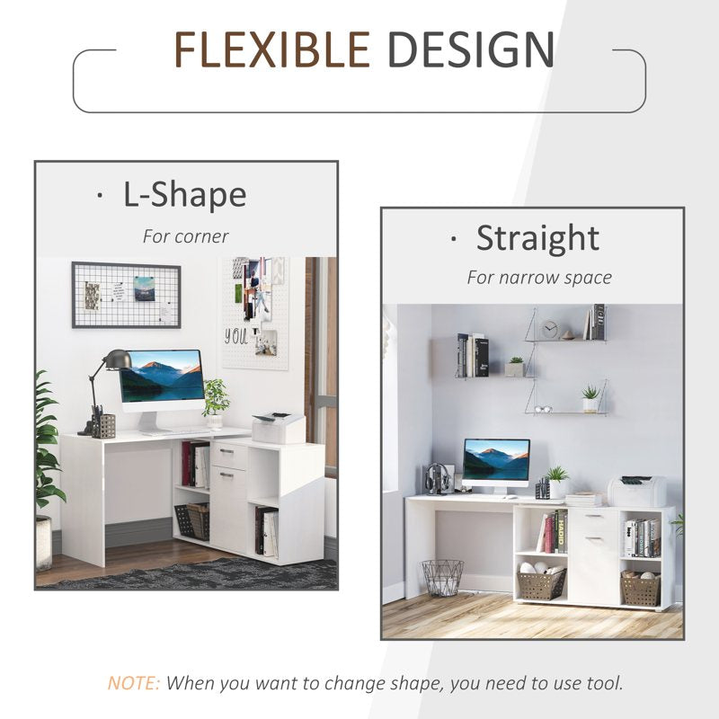 HOMCOM L-Shaped Computer Desk with Storage Compartments, Drawer and Cabinet, Laptop PC Corner Table, Home Office Workstation, 120 x 115 x 76cm, White