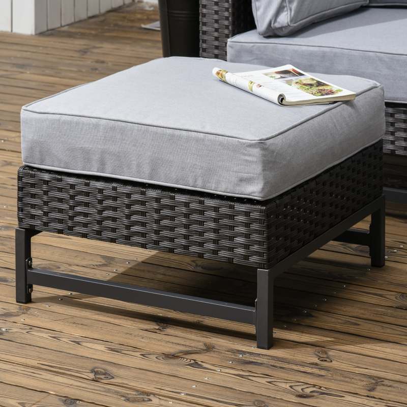 Outsunny 5 Piece Outdoor PE Rattan Corner Sofa Set with Cushions, Wicker Rattan Garden Furniture  with Wood-Effect Top Table, Brown