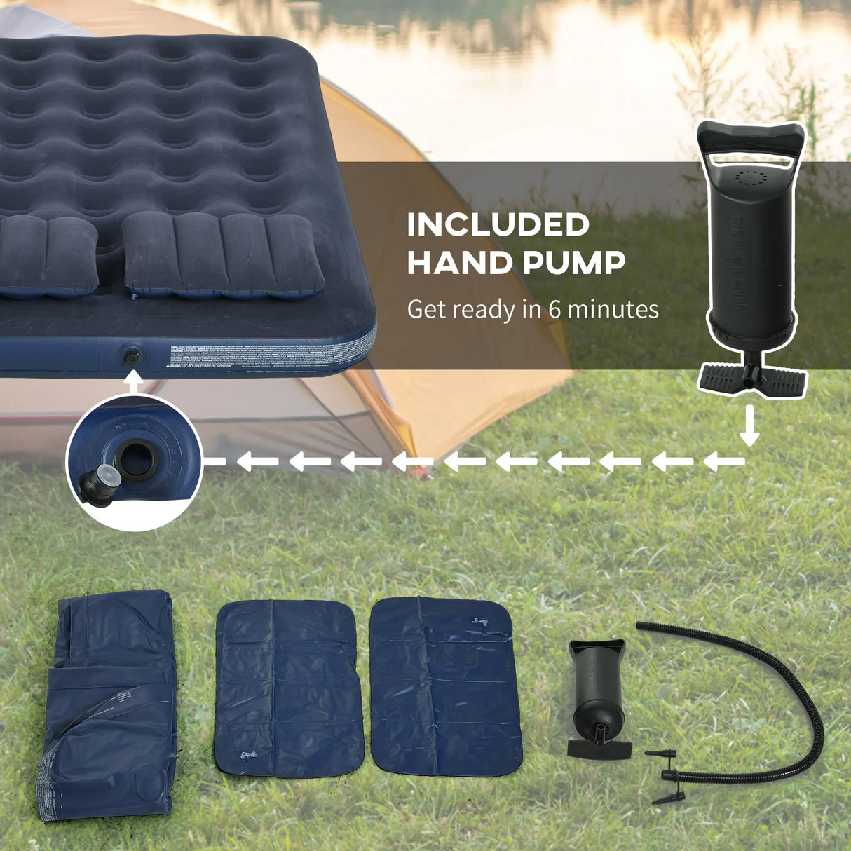 Outsunny Inflatable King Size Air Bed, with Built-In Hand Pump - Blue