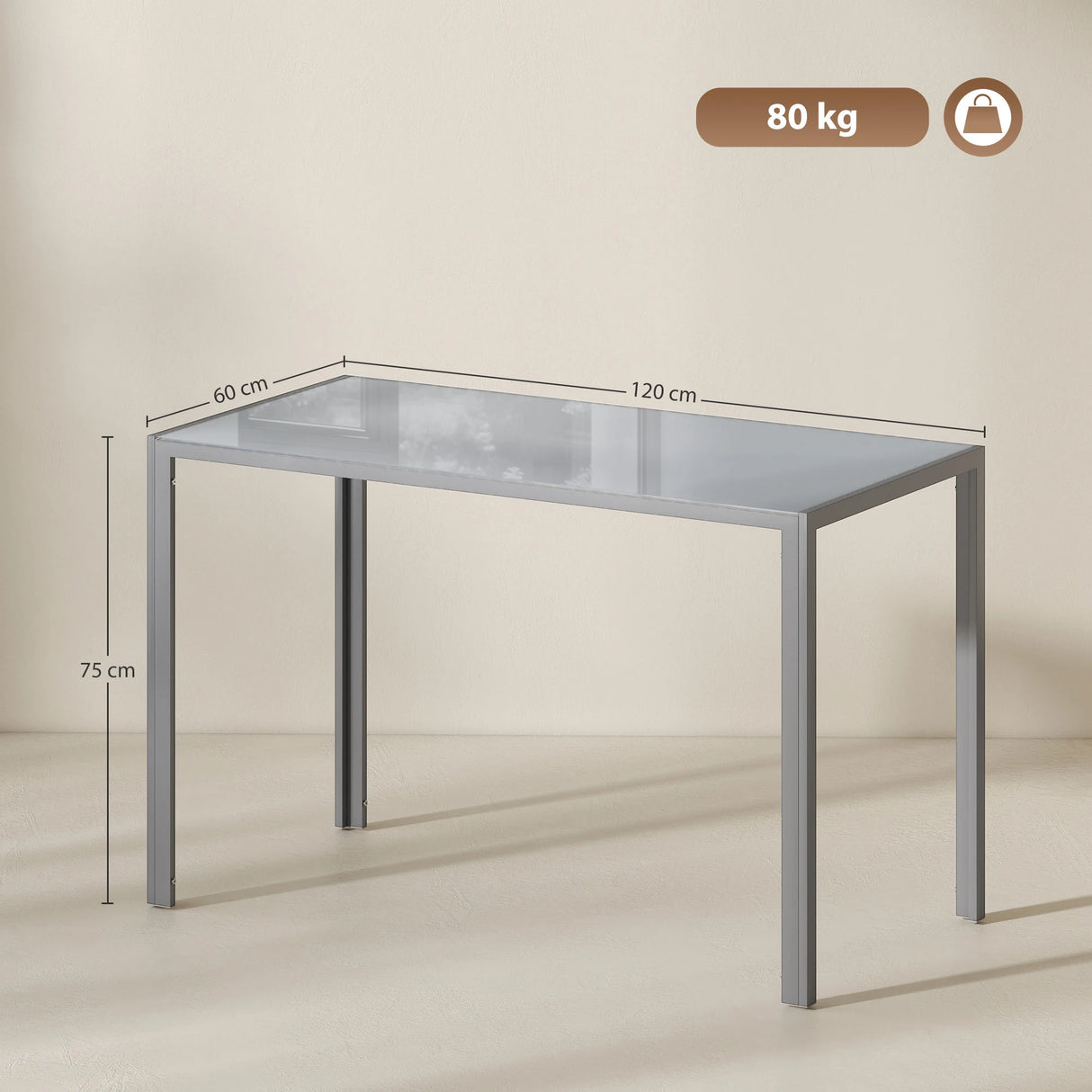 HOMCOM 120cm Dining Table, Rectangle 4 Seater Kitchen Table with Tempered Glass Top and Metal Legs, Grey