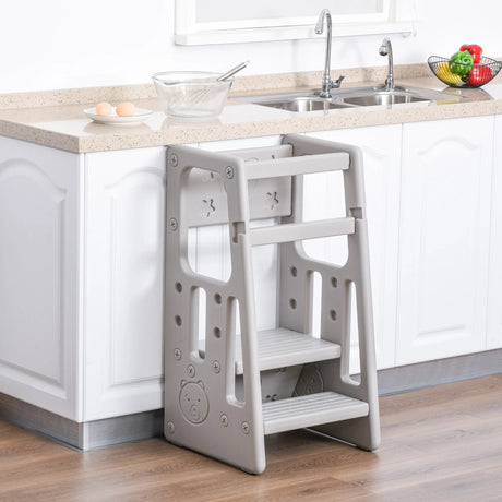 HOMCOM Kids Step Stool, with Adjustable Platform and Non-Slip Mat  Grey