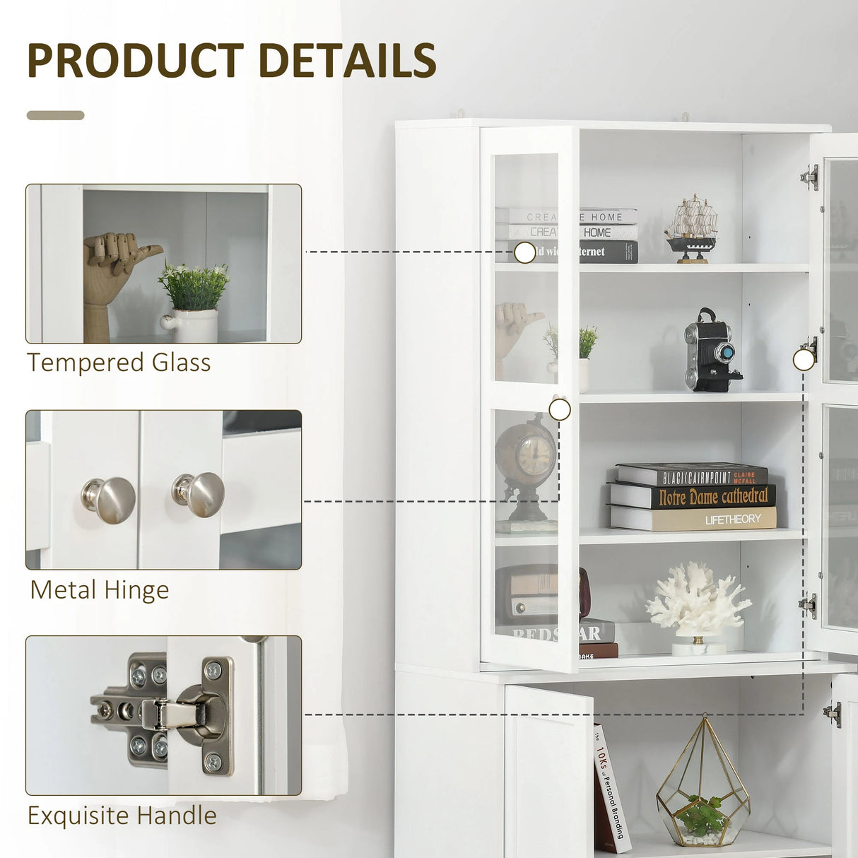 HOMCOM Modern Bookcase with Glass Doors, Display Storage Cabinet with Adjustable Shelves for Living Room, Study, Home Office, Kitchen Cupboard with Small Open Counter, White