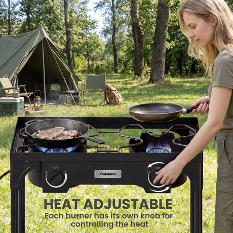 Outsunny Double Burner Camping Stove, 150,000 BTU High Pressure Camping Gas Stove with Detachable Legs, Black