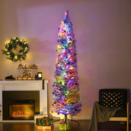 HOMCOM 7.5' Artificial Prelit Christmas Trees Holiday Dcor with Colourful LED Lights, Flocked Tips, Berry, Pine Cone
