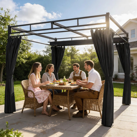 Outsunny 3 x 3 m Pergola with Retractable Roof Canopy and Curtains, UPF30+ Metal Frame Garden Pergola Gazebo Sun Shade, Dark Grey