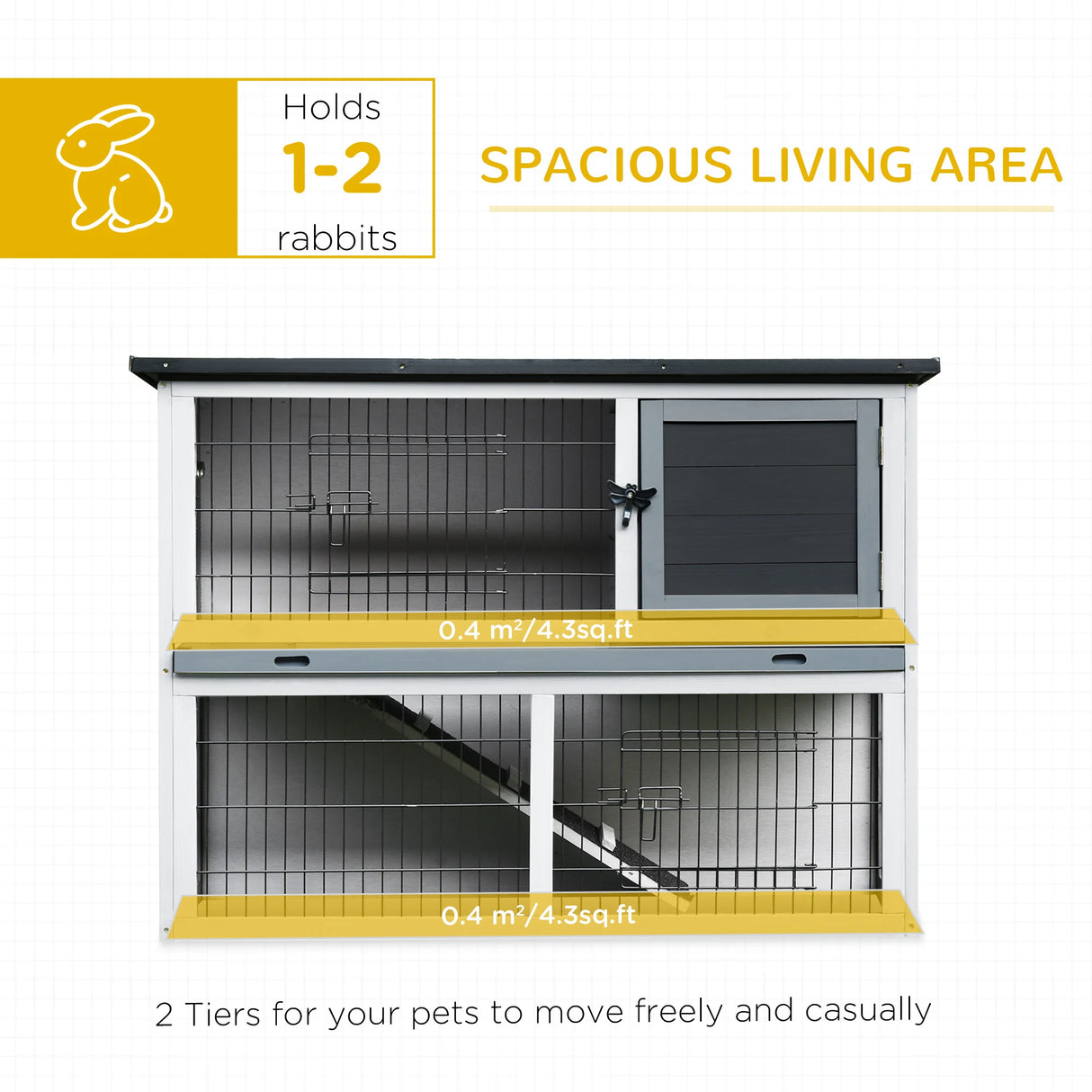 PawHut 2-Tier Wooden Rabbit Hutch Guinea Pig House Bunny Cage Backyard w/ Openable Roof Small Animal House for Outdoor Grey, 108 x 45 x 78 cm