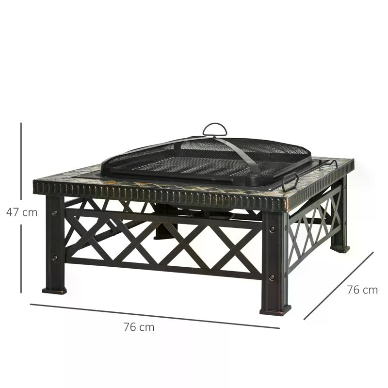 Outsunny Large Outdoor Fire Pit Table, 3 in 1 Square Wood Burning Firepit Metal Brazier, BBQ Grill, Ice Bucket w/ Grill Grate, Log Grate, Lid, Poker for Garden, Camping, Bonfire, 76 x 76 x 47cm, Black