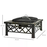 Outsunny Large Outdoor Fire Pit Table, 3 in 1 Square Wood Burning Firepit Metal Brazier, BBQ Grill, Ice Bucket w/ Grill Grate, Log Grate, Lid, Poker for Garden, Camping, Bonfire, 76 x 76 x 47cm, Black